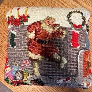 Vintage Needlepoint Christmas Santa Claus Chimney Pillow Removable 13.5” x 13.5”